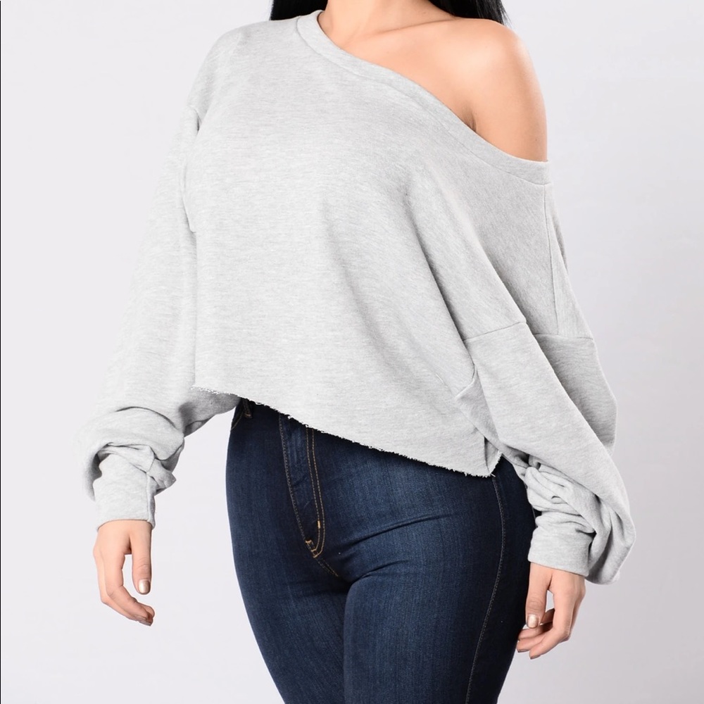 Fashion Nova over the shoulder cropped sweatshirt.